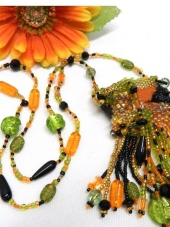 Jewelry - Handmade Orange & Green Beaded Fringe Necklace Glass Seed